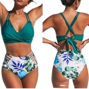 Tropical Palms Teal Twist Front Lace Up Back High Waisted Bikini Sz XL